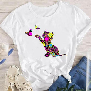 Fashion Cartoon Leopard Cat Letter 90s Cute Tees Women Short Sleeve Lady Female Graphic Tops Clothes Print Tshirt T-Shirt