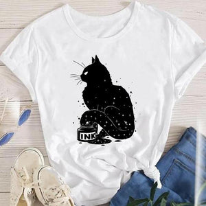 Fashion Cartoon Leopard Cat Letter 90s Cute Tees Women Short Sleeve Lady Female Graphic Tops Clothes Print Tshirt T-Shirt