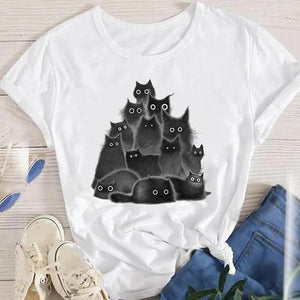 Fashion Cartoon Leopard Cat Letter 90s Cute Tees Women Short Sleeve Lady Female Graphic Tops Clothes Print Tshirt T-Shirt