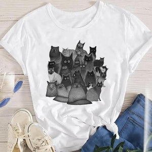 Fashion Cartoon Leopard Cat Letter 90s Cute Tees Women Short Sleeve Lady Female Graphic Tops Clothes Print Tshirt T-Shirt