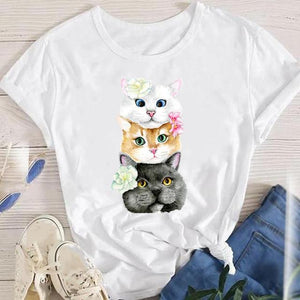 Fashion Cartoon Leopard Cat Letter 90s Cute Tees Women Short Sleeve Lady Female Graphic Tops Clothes Print Tshirt T-Shirt