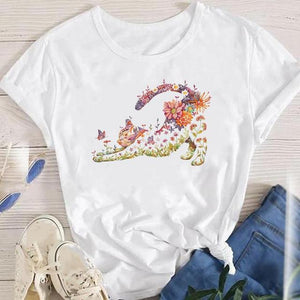 Fashion Cartoon Leopard Cat Letter 90s Cute Tees Women Short Sleeve Lady Female Graphic Tops Clothes Print Tshirt T-Shirt