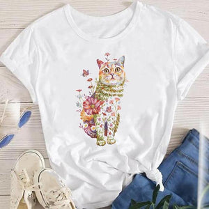 Fashion Cartoon Leopard Cat Letter 90s Cute Tees Women Short Sleeve Lady Female Graphic Tops Clothes Print Tshirt T-Shirt
