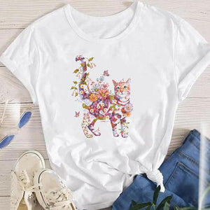 Fashion Cartoon Leopard Cat Letter 90s Cute Tees Women Short Sleeve Lady Female Graphic Tops Clothes Print Tshirt T-Shirt