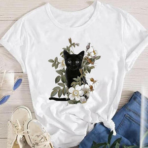 Fashion Cartoon Leopard Cat Letter 90s Cute Tees Women Short Sleeve Lady Female Graphic Tops Clothes Print Tshirt T-Shirt