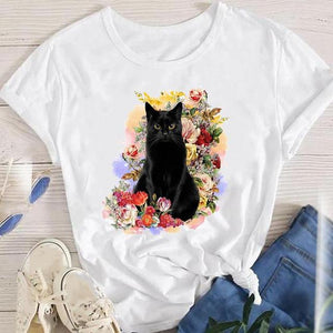 Fashion Cartoon Leopard Cat Letter 90s Cute Tees Women Short Sleeve Lady Female Graphic Tops Clothes Print Tshirt T-Shirt
