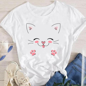 Fashion Cartoon Leopard Cat Letter 90s Cute Tees Women Short Sleeve Lady Female Graphic Tops Clothes Print Tshirt T-Shirt