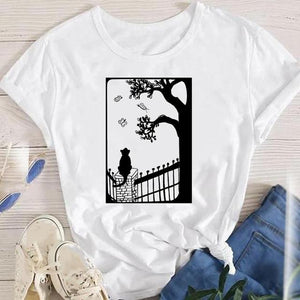 Fashion Cartoon Leopard Cat Letter 90s Cute Tees Women Short Sleeve Lady Female Graphic Tops Clothes Print Tshirt T-Shirt