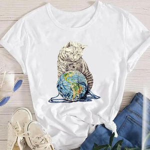 Fashion Cartoon Leopard Cat Letter 90s Cute Tees Women Short Sleeve Lady Female Graphic Tops Clothes Print Tshirt T-Shirt