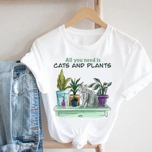 Cat Plant Flower New Lovely Women Clothes Cartoon Clothing Fashion Short Sleeve Print Tshirt Female Top Graphic Tee T-shirt