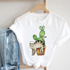 Cat Plant Flower New Lovely Women Clothes Cartoon Clothing Fashion Short Sleeve Print Tshirt Female Top Graphic Tee T-shirt