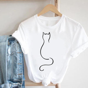Cat Plant Flower New Lovely Women Clothes Cartoon Clothing Fashion Short Sleeve Print Tshirt Female Top Graphic Tee T-shirt