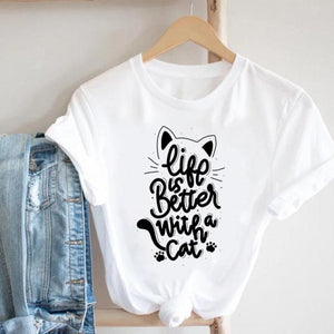Cat Plant Flower New Lovely Women Clothes Cartoon Clothing Fashion Short Sleeve Print Tshirt Female Top Graphic Tee T-shirt
