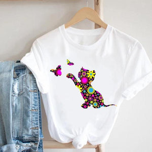Cat Plant Flower New Lovely Women Clothes Cartoon Clothing Fashion Short Sleeve Print Tshirt Female Top Graphic Tee T-shirt