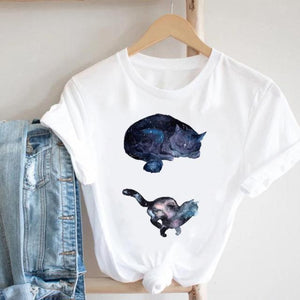 Cat Plant Flower New Lovely Women Clothes Cartoon Clothing Fashion Short Sleeve Print Tshirt Female Top Graphic Tee T-shirt