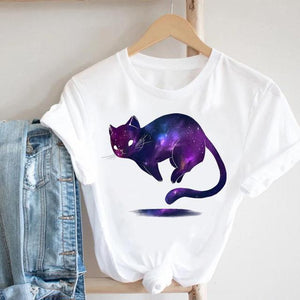 Cat Plant Flower New Lovely Women Clothes Cartoon Clothing Fashion Short Sleeve Print Tshirt Female Top Graphic Tee T-shirt