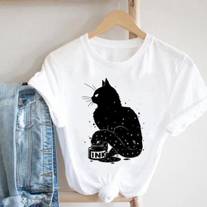 Cat Plant Flower New Lovely Women Clothes Cartoon Clothing Fashion Short Sleeve Print Tshirt Female Top Graphic Tee T-shirt