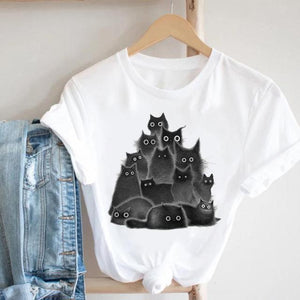 Cat Plant Flower New Lovely Women Clothes Cartoon Clothing Fashion Short Sleeve Print Tshirt Female Top Graphic Tee T-shirt