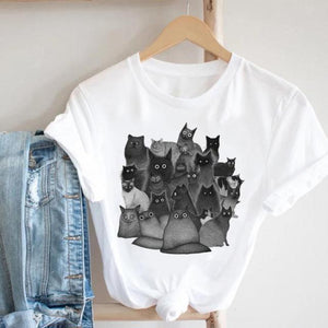 Cat Plant Flower New Lovely Women Clothes Cartoon Clothing Fashion Short Sleeve Print Tshirt Female Top Graphic Tee T-shirt