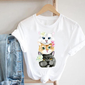 Cat Plant Flower New Lovely Women Clothes Cartoon Clothing Fashion Short Sleeve Print Tshirt Female Top Graphic Tee T-shirt