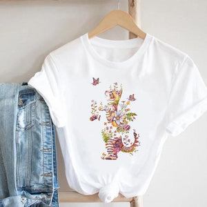 Cat Plant Flower New Lovely Women Clothes Cartoon Clothing Fashion Short Sleeve Print Tshirt Female Top Graphic Tee T-shirt