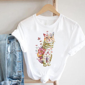 Cat Plant Flower New Lovely Women Clothes Cartoon Clothing Fashion Short Sleeve Print Tshirt Female Top Graphic Tee T-shirt