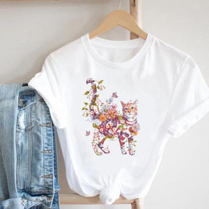 Cat Plant Flower New Lovely Women Clothes Cartoon Clothing Fashion Short Sleeve Print Tshirt Female Top Graphic Tee T-shirt