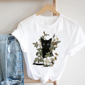 Cat Plant Flower New Lovely Women Clothes Cartoon Clothing Fashion Short Sleeve Print Tshirt Female Top Graphic Tee T-shirt