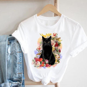 Cat Plant Flower New Lovely Women Clothes Cartoon Clothing Fashion Short Sleeve Print Tshirt Female Top Graphic Tee T-shirt