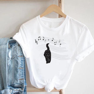 Cat Plant Flower New Lovely Women Clothes Cartoon Clothing Fashion Short Sleeve Print Tshirt Female Top Graphic Tee T-shirt