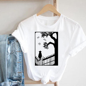 Cat Plant Flower New Lovely Women Clothes Cartoon Clothing Fashion Short Sleeve Print Tshirt Female Top Graphic Tee T-shirt