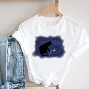 Cat Plant Flower New Lovely Women Clothes Cartoon Clothing Fashion Short Sleeve Print Tshirt Female Top Graphic Tee T-shirt