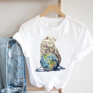 Cat Plant Flower New Lovely Women Clothes Cartoon Clothing Fashion Short Sleeve Print Tshirt Female Top Graphic Tee T-shirt