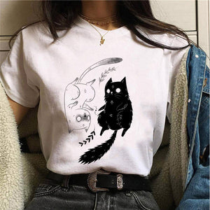 Women T-shirt Cartoon Cat Mushroom Halloween Print T-shirt Short Sleeve Harajuku Graphic Top T-shirt Street Costume