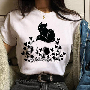 Women T-shirt Cartoon Cat Mushroom Halloween Print T-shirt Short Sleeve Harajuku Graphic Top T-shirt Street Costume