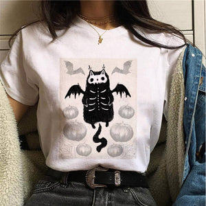 Women T-shirt Cartoon Cat Mushroom Halloween Print T-shirt Short Sleeve Harajuku Graphic Top T-shirt Street Costume