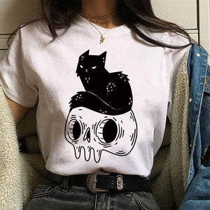 Women T-shirt Cartoon Cat Mushroom Halloween Print T-shirt Short Sleeve Harajuku Graphic Top T-shirt Street Costume