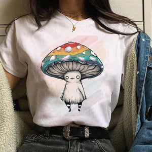 Women T-shirt Cartoon Cat Mushroom Halloween Print T-shirt Short Sleeve Harajuku Graphic Top T-shirt Street Costume