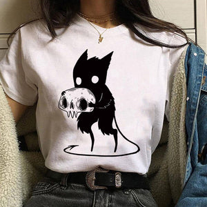 Women T-shirt Cartoon Cat Mushroom Halloween Print T-shirt Short Sleeve Harajuku Graphic Top T-shirt Street Costume