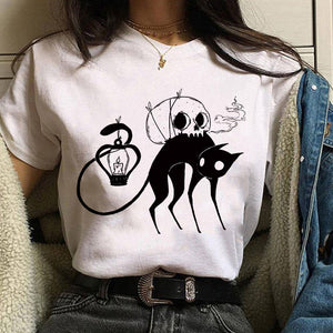 Women T-shirt Cartoon Cat Mushroom Halloween Print T-shirt Short Sleeve Harajuku Graphic Top T-shirt Street Costume