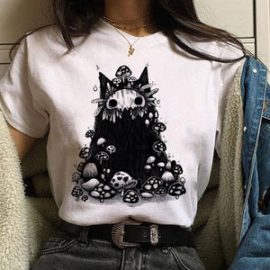 Women T-shirt Cartoon Cat Mushroom Halloween Print T-shirt Short Sleeve Harajuku Graphic Top T-shirt Street Costume