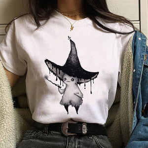 Women T-shirt Cartoon Cat Mushroom Halloween Print T-shirt Short Sleeve Harajuku Graphic Top T-shirt Street Costume