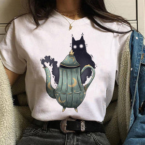 Women T-shirt Cartoon Cat Mushroom Halloween Print T-shirt Short Sleeve Harajuku Graphic Top T-shirt Street Costume