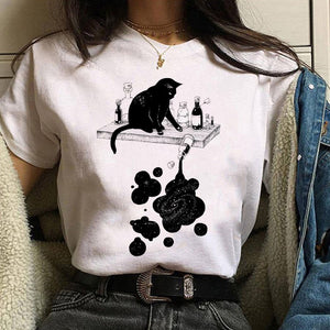Women T-shirt Cartoon Cat Mushroom Halloween Print T-shirt Short Sleeve Harajuku Graphic Top T-shirt Street Costume