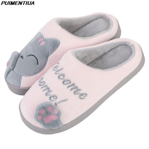 Women House Slippers Cartoon Cat Cute Shoes Non-Slip Soft Winter Warm Indoor Bedroom Home Slides Lovers Couples Floor Shoes