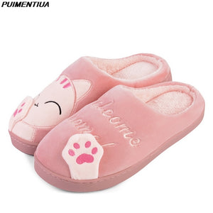 Women House Slippers Cartoon Cat Cute Shoes Non-Slip Soft Winter Warm Indoor Bedroom Home Slides Lovers Couples Floor Shoes