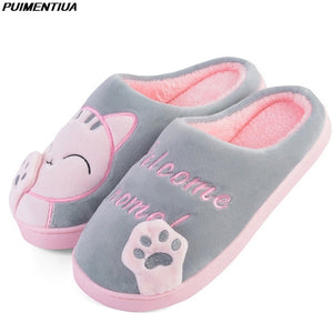 Women House Slippers Cartoon Cat Cute Shoes Non-Slip Soft Winter Warm Indoor Bedroom Home Slides Lovers Couples Floor Shoes