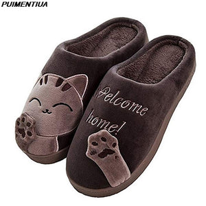 Women House Slippers Cartoon Cat Cute Shoes Non-Slip Soft Winter Warm Indoor Bedroom Home Slides Lovers Couples Floor Shoes