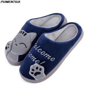 Women House Slippers Cartoon Cat Cute Shoes Non-Slip Soft Winter Warm Indoor Bedroom Home Slides Lovers Couples Floor Shoes