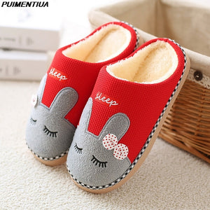 Women House Slippers Cartoon Cat Cute Shoes Non-Slip Soft Winter Warm Indoor Bedroom Home Slides Lovers Couples Floor Shoes